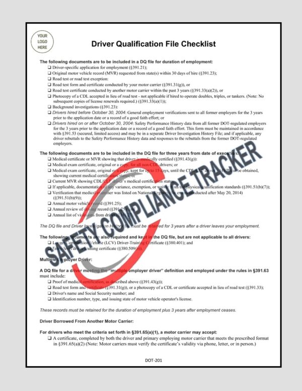 DOT201 Driver Qualification File Checklist Safety Compliance Tracker