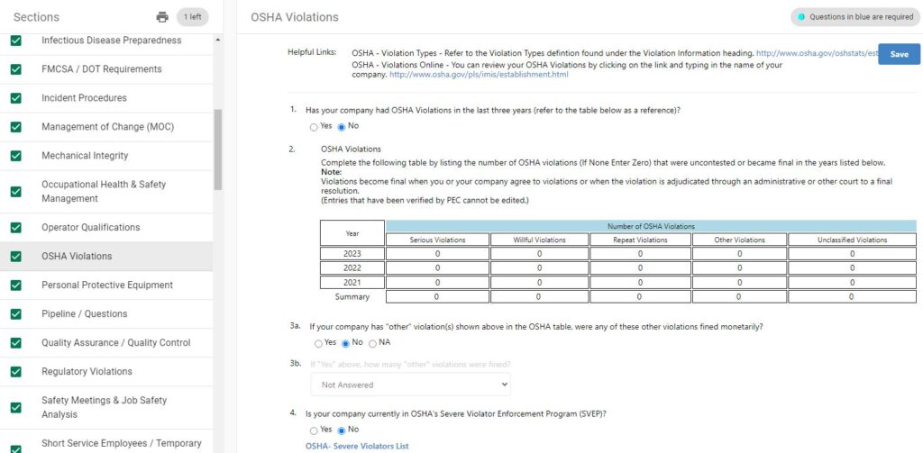 ISNetworld OSHA violations management screen showing OSHA violation tracking, contractor compliance forms, and safety management documentation