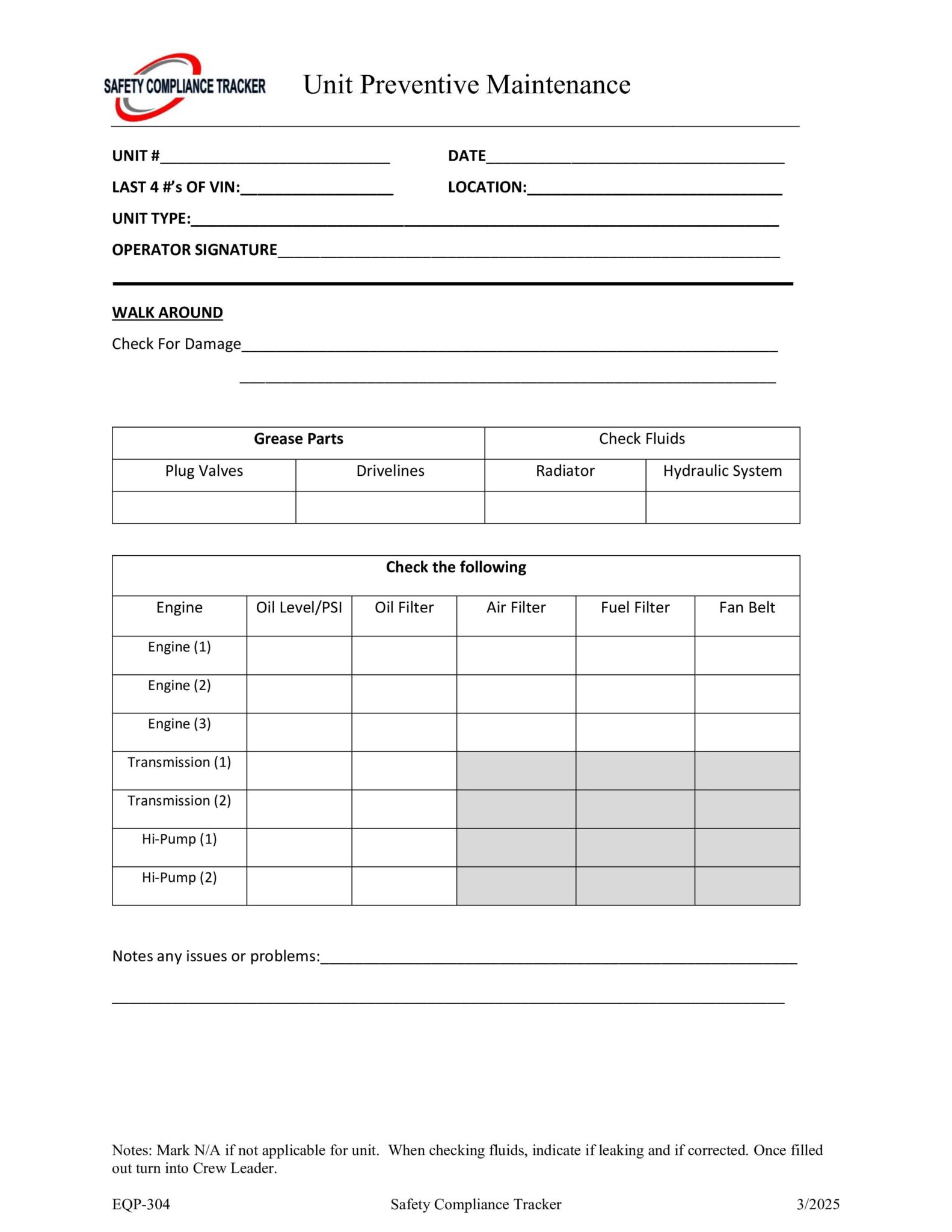 Free EQP-304 Preventive Maintenance Units Checklist PDF
