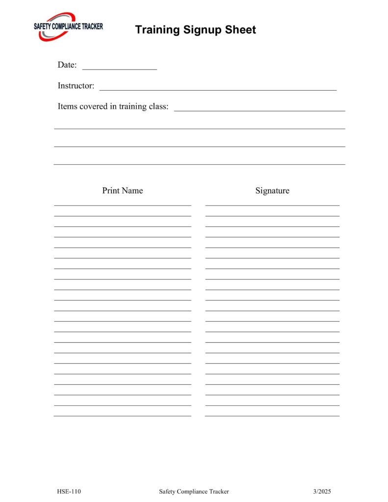 Free Training Sign-Up Sheet PDF | OSHA Safety Training Attendance Form